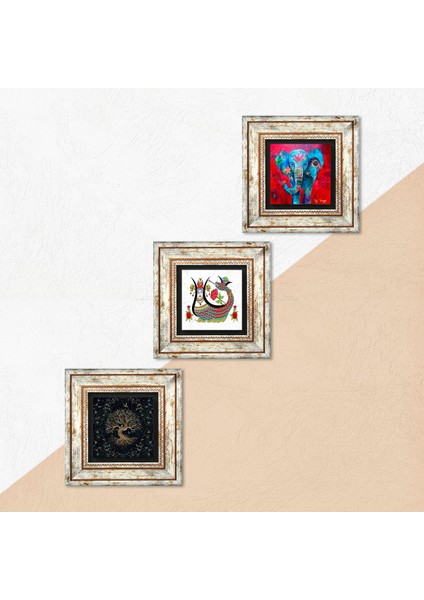 Fil, Şahmeran, Hayat Ağacı Taş Duvar Tablosu Çerçeveli Duvar Dekoru 3 Parça Tablo Seti Wall Art T3-160 indirimleri