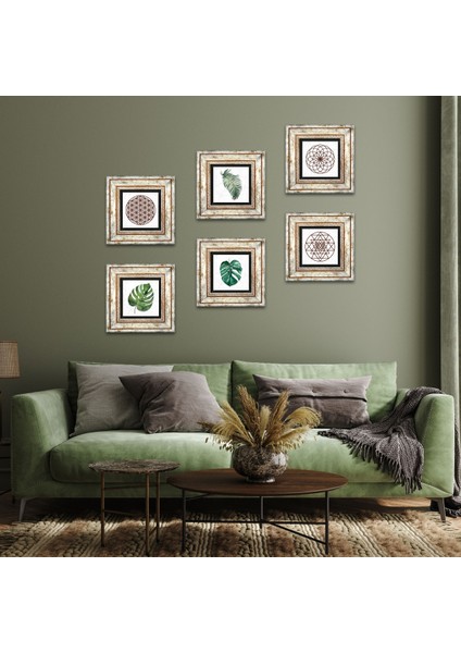 Yaprak, Yaşam Çiçeği, Sri Yantra Taş Duvar Tablosu Çerçeveli Duvar Dekoru 6 Parça Tablo Seti Wall Art T6-22