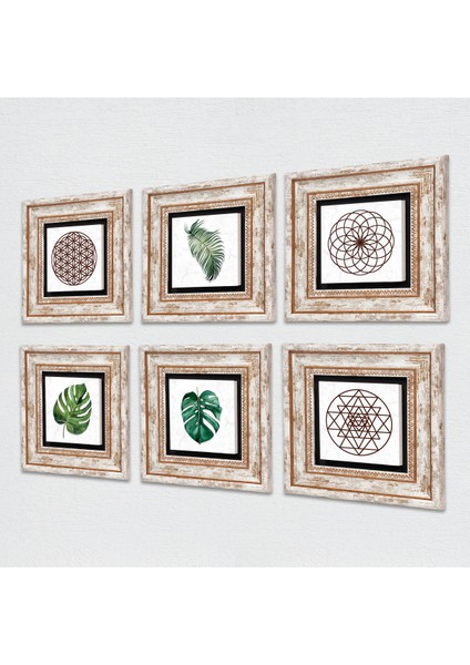 Yaprak, Yaşam Çiçeği, Sri Yantra Taş Duvar Tablosu Çerçeveli Duvar Dekoru 6 Parça Tablo Seti Wall Art T6-22