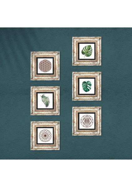 Yaprak, Yaşam Çiçeği, Sri Yantra Taş Duvar Tablosu Çerçeveli Duvar Dekoru 6 Parça Tablo Seti Wall Art T6-22