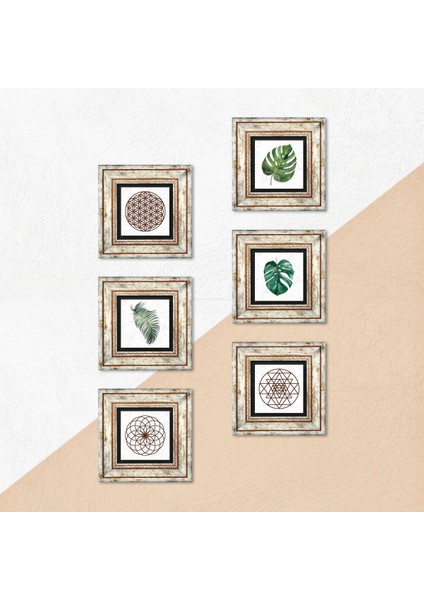 Yaprak, Yaşam Çiçeği, Sri Yantra Taş Duvar Tablosu Çerçeveli Duvar Dekoru 6 Parça Tablo Seti Wall Art T6-22