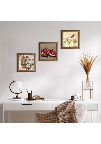 Lale Ebru Sanatı, Kelebekli Çiçek, Nar Taş Duvar Tablosu Ahşap Çerçeveli Duvar Dekoru 3 Parça Tablo Seti Wall Art W3-1089