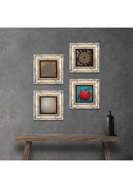 Yaşam Çiçeği, Sri Yantra, Nar Çerçeveli Taş Duvar Tablosu 4’lü Set - Dekoratif Modern Sanat, Ev ve Ofis Dekoru |TK4-552|