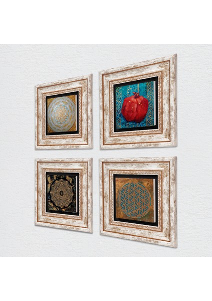 Yaşam Çiçeği, Sri Yantra, Nar Çerçeveli Taş Duvar Tablosu 4’lü Set - Dekoratif Modern Sanat, Ev ve Ofis Dekoru |TK4-552| fiyatları