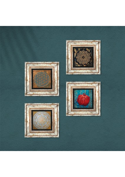 Yaşam Çiçeği, Sri Yantra, Nar Çerçeveli Taş Duvar Tablosu 4’lü Set - Dekoratif Modern Sanat, Ev ve Ofis Dekoru |TK4-552| fırsatları