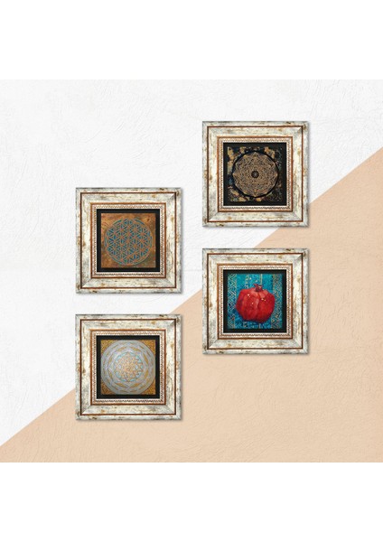 Yaşam Çiçeği, Sri Yantra, Nar Çerçeveli Taş Duvar Tablosu 4’lü Set - Dekoratif Modern Sanat, Ev ve Ofis Dekoru |TK4-552| indirimleri
