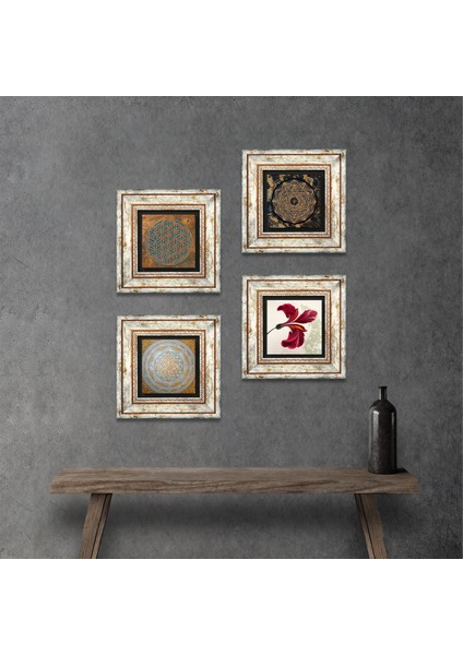 Yaşam Çiçeği, Sri Yantra, Lale Çerçeveli Taş Duvar Tablosu 4’lü Set - Dekoratif Modern Sanat, Ev ve Ofis Dekoru |TK4-557|