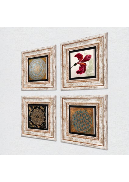 Yaşam Çiçeği, Sri Yantra, Lale Çerçeveli Taş Duvar Tablosu 4’lü Set - Dekoratif Modern Sanat, Ev ve Ofis Dekoru |TK4-557| fiyatları