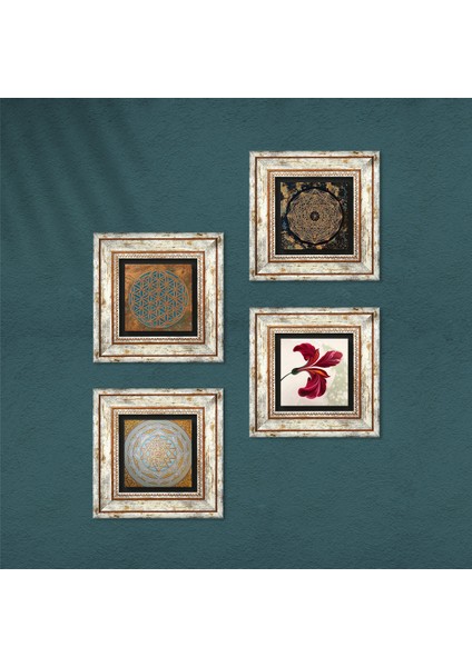 Yaşam Çiçeği, Sri Yantra, Lale Çerçeveli Taş Duvar Tablosu 4’lü Set - Dekoratif Modern Sanat, Ev ve Ofis Dekoru |TK4-557| fırsatları