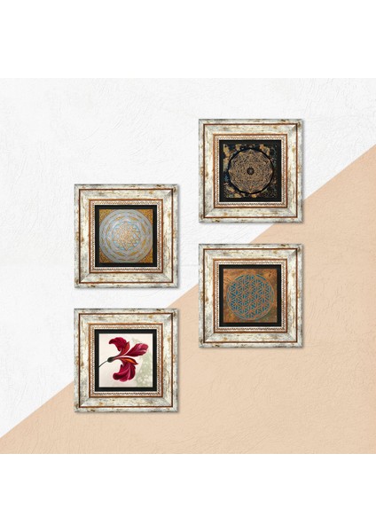 Yaşam Çiçeği, Sri Yantra, Lale Çerçeveli Taş Duvar Tablosu 4’lü Set - Dekoratif Modern Sanat, Ev ve Ofis Dekoru |TK4-557| indirimleri