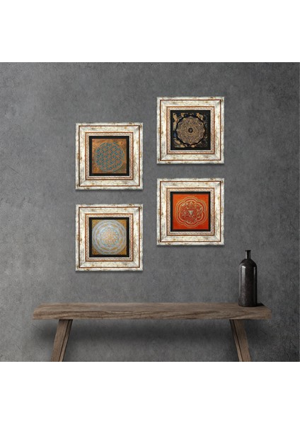 Yaşam Çiçeği, Sri Yantra Çerçeveli Taş Duvar Tablosu 4’lü Set - Dekoratif Modern Sanat, Ev ve Ofis Dekoru |TK4-559|