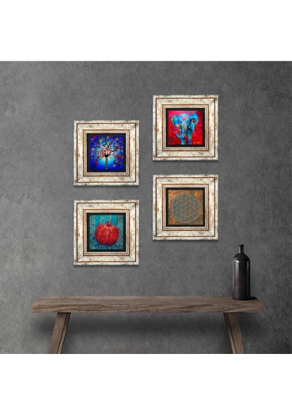 Yaşam Çiçeği, Fil, Hayat Ağacı, Nar Taş Duvar Tablosu Çerçeveli Duvar Dekoru 4 Parça Tablo Seti Wall Art T4-873