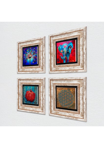 Yaşam Çiçeği, Fil, Hayat Ağacı, Nar Taş Duvar Tablosu Çerçeveli Duvar Dekoru 4 Parça Tablo Seti Wall Art T4-873 fiyatları