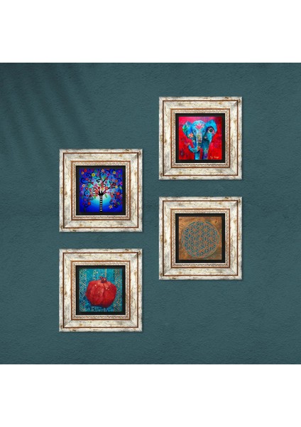 Yaşam Çiçeği, Fil, Hayat Ağacı, Nar Taş Duvar Tablosu Çerçeveli Duvar Dekoru 4 Parça Tablo Seti Wall Art T4-873 fırsatları