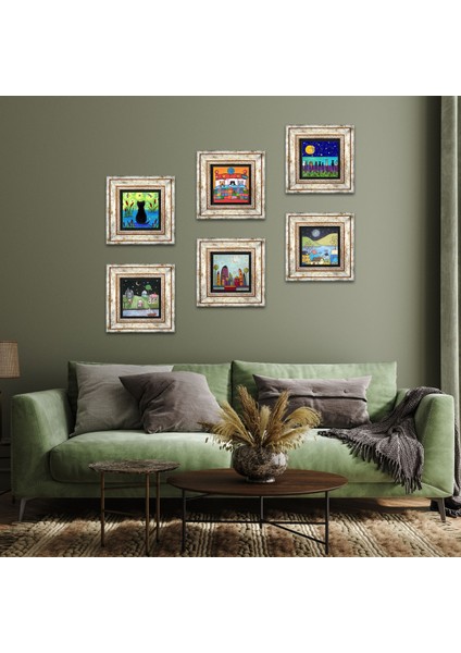 Kedi, Minimalist Bohem Taş Duvar Tablosu Çerçeveli Duvar Dekoru 6 Parça Tablo Seti Wall Art T6-109