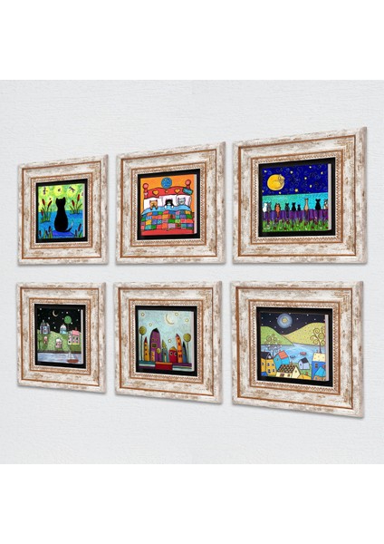 Kedi, Minimalist Bohem Taş Duvar Tablosu Çerçeveli Duvar Dekoru 6 Parça Tablo Seti Wall Art T6-109