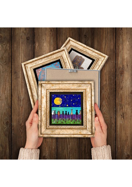 Kedi, Minimalist Bohem Taş Duvar Tablosu Çerçeveli Duvar Dekoru 6 Parça Tablo Seti Wall Art T6-109