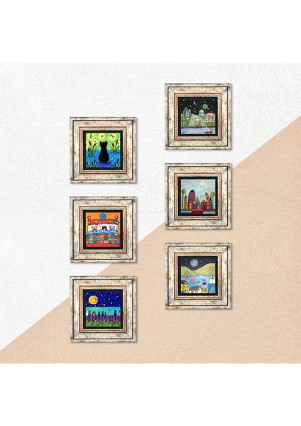 Kedi, Minimalist Bohem Taş Duvar Tablosu Çerçeveli Duvar Dekoru 6 Parça Tablo Seti Wall Art T6-109