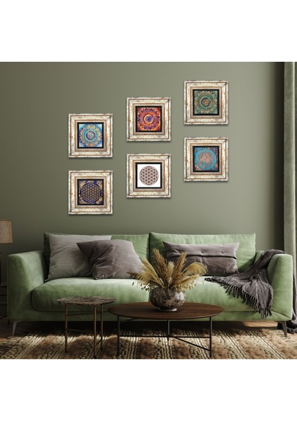 Mandala, Yaşam Çiçeği Taş Duvar Tablosu Çerçeveli Duvar Dekoru 6 Parça Tablo Seti Wall Art T6-34