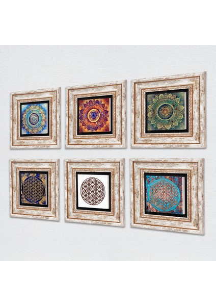 Mandala, Yaşam Çiçeği Taş Duvar Tablosu Çerçeveli Duvar Dekoru 6 Parça Tablo Seti Wall Art T6-34