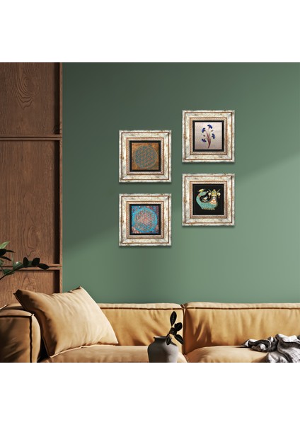 Ebru Sanatı, Yaşam Çiçeği, Şahmeran Taş Duvar Tablosu Çerçeveli Duvar Dekoru 4 Parça Tablo Seti Wall Art T4-490