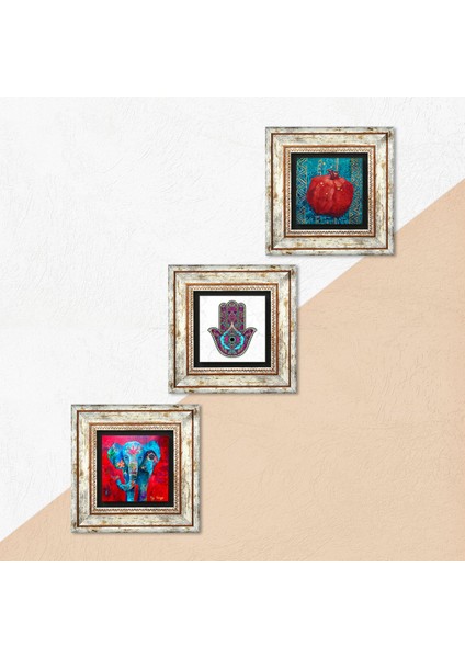Stone Fil, Fatma Ana Eli (Hamsa), Nar Çerçeveli Taş Duvar Tablosu 3’lü Set - Dekoratif Modern Sanat, Ev ve Ofis Dekoru |TK3-180| indirimleri