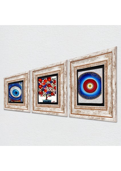 Nazar, Nar Ağacı Taş Duvar Tablosu Çerçeveli Duvar Dekoru 3 Parça Tablo Seti Wall Art T3-1959