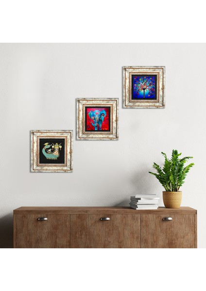Fil, Hayat Ağacı, Şahmeran Çerçeveli Taş Duvar Tablosu 3’lü Set - Dekoratif Modern Sanat, Ev ve Ofis Dekoru |TK3-322|
