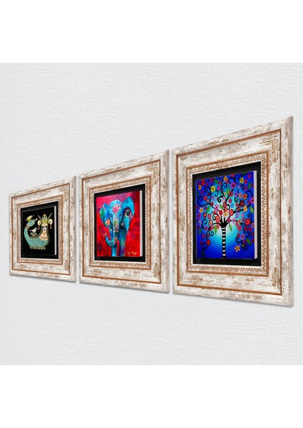Fil, Hayat Ağacı, Şahmeran Çerçeveli Taş Duvar Tablosu 3’lü Set - Dekoratif Modern Sanat, Ev ve Ofis Dekoru |TK3-322| fiyatları