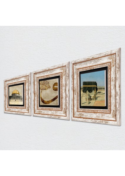 Kabe-i Muazzama, Mescid-i Aksa, Vav Taş Duvar Tablosu Çerçeveli Duvar Dekoru 3 Parça Tablo Seti Wall Art T3-1791