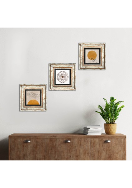 Minimalist, Yaşam Çiçeği Taş Duvar Tablosu Çerçeveli Duvar Dekoru 3 Parça Tablo Seti Wall Art T3-1938
