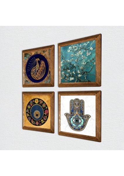 Tavus Kuşu, Nazar, Van Gogh Badem Ağacı, Fatma Ana Eli (Hamsa) Taş Duvar Tablosu Ahşap Çerçeveli Duvar Dekoru 4 Parça Tablo Seti Wall Art W4-979 fiyatları