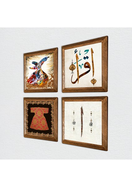 Hırka-i Şerif, Elif, İlk Ayet 'Oku', Semazen Taş Duvar Tablosu Ahşap Çerçeveli Duvar Dekoru 4 Parça Tablo Seti Wall Art W4-987
