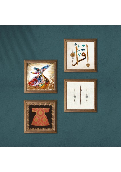 Hırka-i Şerif, Elif, İlk Ayet 'Oku', Semazen Taş Duvar Tablosu Ahşap Çerçeveli Duvar Dekoru 4 Parça Tablo Seti Wall Art W4-987