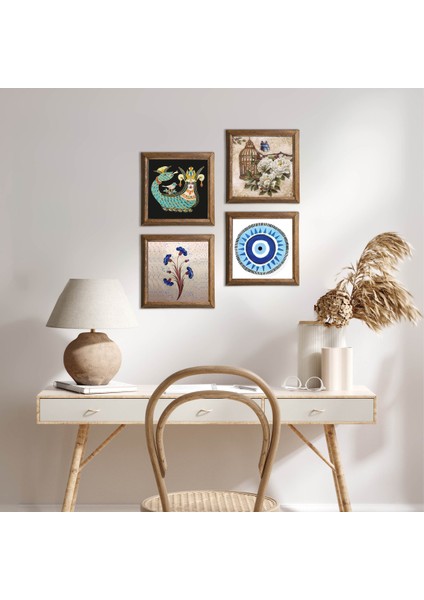 Nazar, Ebru Sanatı, Kelebekli Çiçek, Şahmeran Taş Duvar Tablosu Ahşap Çerçeveli Duvar Dekoru 4 Parça Tablo Seti Wall Art W4-996