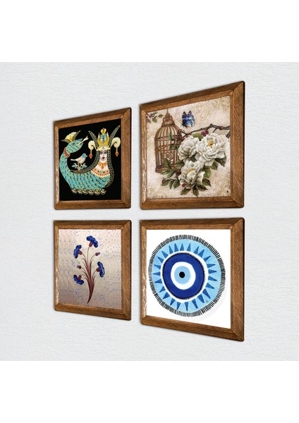 Nazar, Ebru Sanatı, Kelebekli Çiçek, Şahmeran Taş Duvar Tablosu Ahşap Çerçeveli Duvar Dekoru 4 Parça Tablo Seti Wall Art W4-996