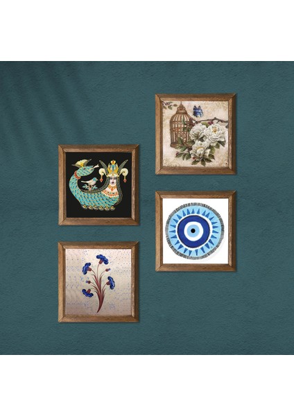 Nazar, Ebru Sanatı, Kelebekli Çiçek, Şahmeran Taş Duvar Tablosu Ahşap Çerçeveli Duvar Dekoru 4 Parça Tablo Seti Wall Art W4-996