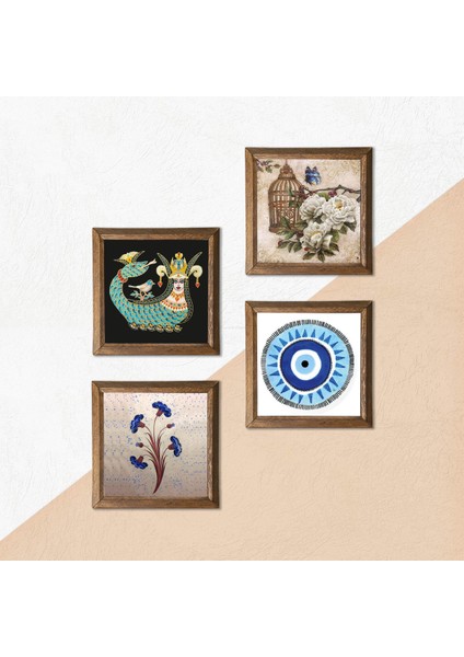 Nazar, Ebru Sanatı, Kelebekli Çiçek, Şahmeran Taş Duvar Tablosu Ahşap Çerçeveli Duvar Dekoru 4 Parça Tablo Seti Wall Art W4-996