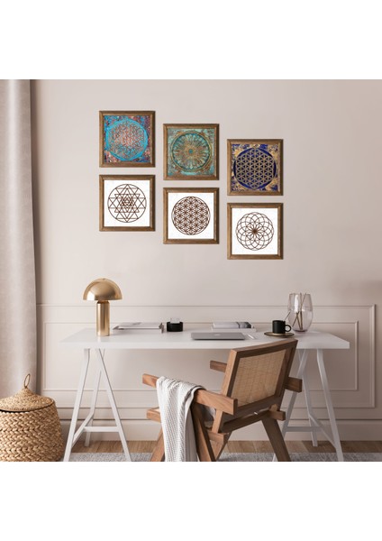 Sri Yantra, Yaşam Çiçeği Taş Duvar Tablosu Ahşap Çerçeveli Duvar Dekoru 6 Parça Tablo Seti Wall Art W6-39