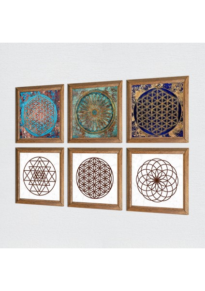 Sri Yantra, Yaşam Çiçeği Taş Duvar Tablosu Ahşap Çerçeveli Duvar Dekoru 6 Parça Tablo Seti Wall Art W6-39