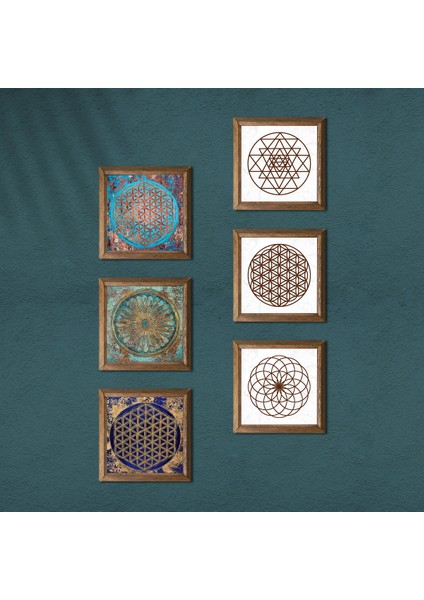 Sri Yantra, Yaşam Çiçeği Taş Duvar Tablosu Ahşap Çerçeveli Duvar Dekoru 6 Parça Tablo Seti Wall Art W6-39