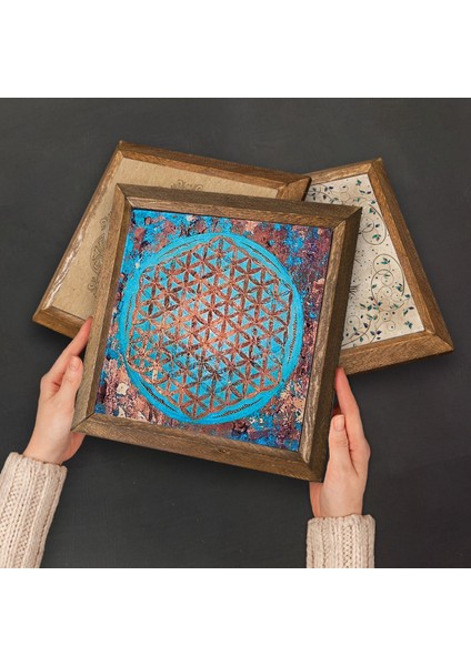 Sri Yantra, Yaşam Çiçeği Taş Duvar Tablosu Ahşap Çerçeveli Duvar Dekoru 6 Parça Tablo Seti Wall Art W6-39