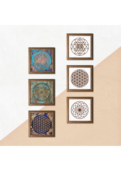 Sri Yantra, Yaşam Çiçeği Taş Duvar Tablosu Ahşap Çerçeveli Duvar Dekoru 6 Parça Tablo Seti Wall Art W6-39