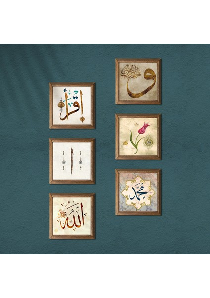 Allah Lafzı, Hz. Muhammed Lafzı, İlk Ayet 'Oku', Lale, Vav, Elif Taş Duvar Tablosu Ahşap Çerçeveli Duvar Dekoru 6 Parça Tablo Seti Wall Art W6-42