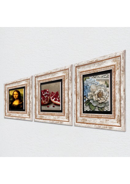 Leonardo da Vinci Mona Lisa, Kelebekli Çiçek, Nar Taş Duvar Tablosu Çerçeveli Duvar Dekoru 3 Parça Tablo Seti Wall Art T3-1127
