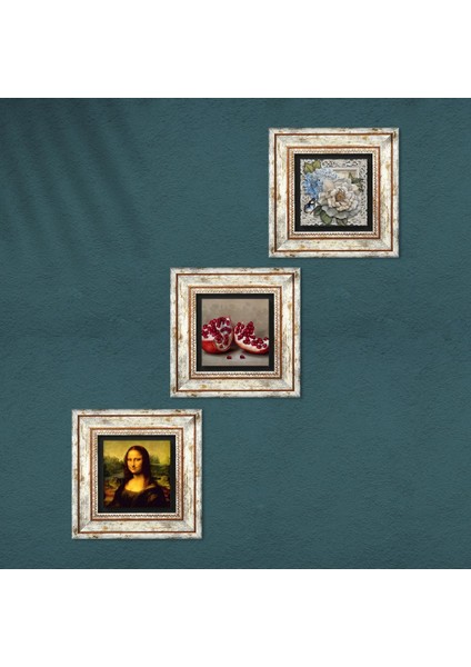 Leonardo da Vinci Mona Lisa, Kelebekli Çiçek, Nar Taş Duvar Tablosu Çerçeveli Duvar Dekoru 3 Parça Tablo Seti Wall Art T3-1127