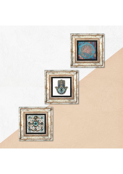 Yaşam Çiçeği, Çini Sanatı, Fatma Ana Eli (Hamsa) Çerçeveli Taş Duvar Tablosu 3’lü Set - Dekoratif Modern Sanat, Ev ve Ofis Dekoru |TK3-318| indirimleri