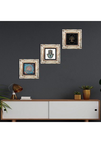 Yaşam Çiçeği, Hayat Ağacı, Fatma Ana Eli (Hamsa) Taş Duvar Tablosu Çerçeveli Duvar Dekoru 3 Parça Tablo Seti Wall Art T3-325