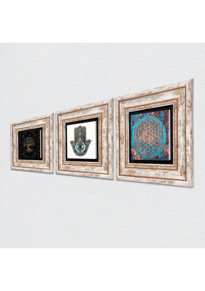 Yaşam Çiçeği, Hayat Ağacı, Fatma Ana Eli (Hamsa) Taş Duvar Tablosu Çerçeveli Duvar Dekoru 3 Parça Tablo Seti Wall Art T3-325 fiyatları