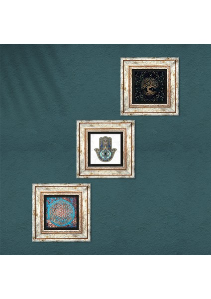 Yaşam Çiçeği, Hayat Ağacı, Fatma Ana Eli (Hamsa) Taş Duvar Tablosu Çerçeveli Duvar Dekoru 3 Parça Tablo Seti Wall Art T3-325 fırsatları